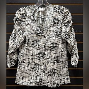 Devlin Cream & Black Abstract Print Ruched Sleeve Blouse Size Medium